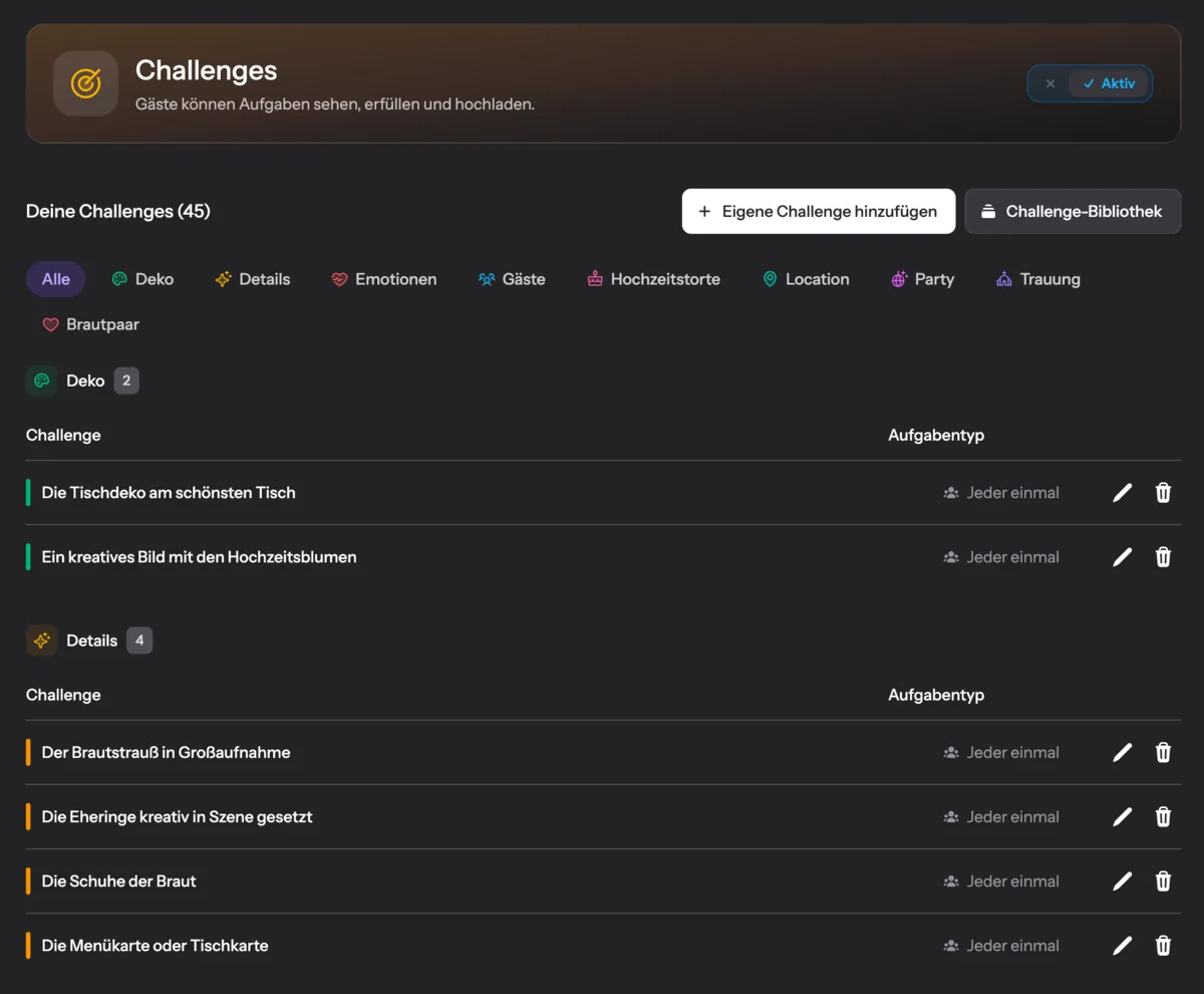 The challenges screen in the Pixxta editor, with the photo tasks grouped by category
